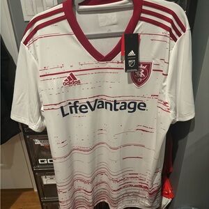 Adidas Men's White and Red Striped Soccer Jersey